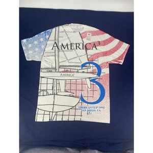 Vtg Hanes America's Cup A3 Stars Stripes 1992 Blueprint T-Shirt L All Over Print